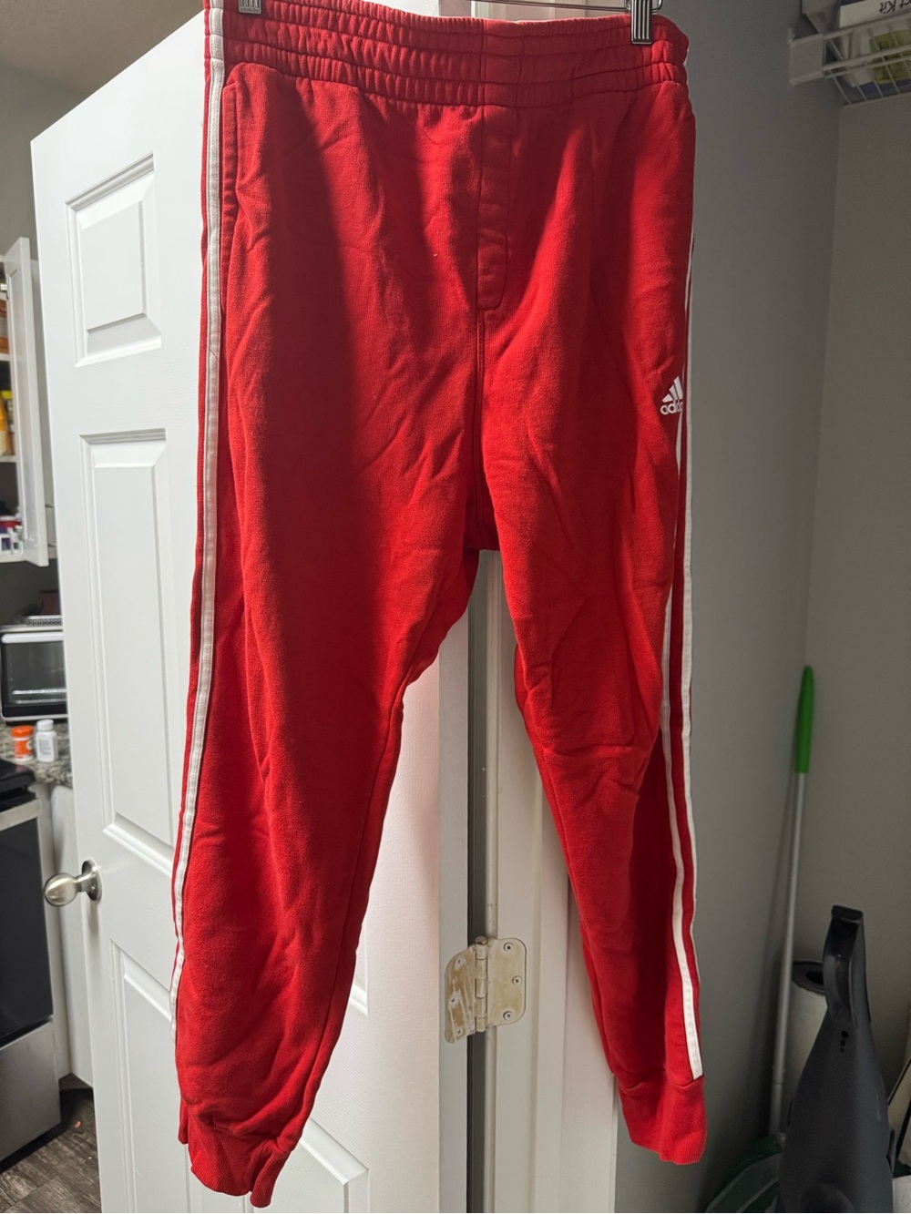 adidas Red Jogger Sweatpants with White Side Stripes